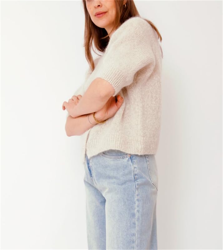 Image of Women Knitted Crop Cardigan Shirt Short Sleeve Button Down Ribbed Knit Crop Top Y2k Girls Outwear Top Tee Shirt