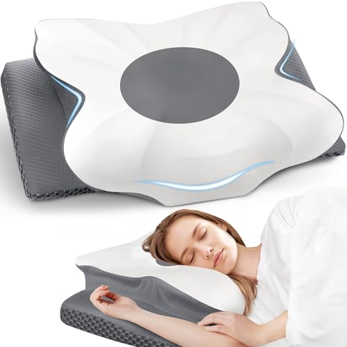 Cervical Neck Pillow for Sleeping – Memory Foam Bed Pillow for Neck Support, Orthopedic Contour for Side & Back Sleepers, Breathable & Cooling Cover, CertiPUR-US Certified, Grey, Queen Size