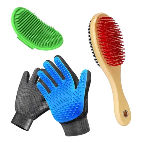 Image of Pets Empire 3-in-1 Dog & Cat Grooming Combo - Self-Cleaning Slicker Brush, Silicone Bath Brush & Deshedding Glove | Pet Grooming Kit for All Breeds & Fur Types