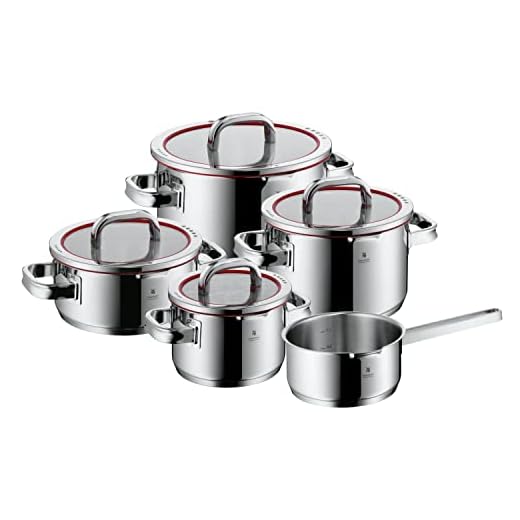 WMF Function 4 pannenset 5-delig rood. Innovatieve deksel met 4 afgietfuncties, Geschikt voor Inductie, Glazen deksel, Cromargan® 18/10 RVS, Vaatwasserbestendig, Handgrepen worden niet heet.