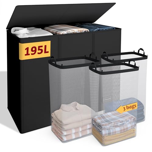 195L Laundry Hamper 3 Section,Large Laundry Hamper with Lid,Dirty Clothes Hamper with 3 Inner Bags,Collapsible Laundry Basket Organizer for Laundry Room,Bedroom,Laundry Sorter Hamper 3 Compartment