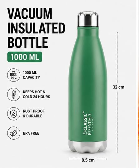 Image of Classic Essentials Insulated Double Wall Vacuum Stainless Steel Water Bottle 24 Hours Hot and Cold,BIS Approved,100% Leakproof Lid,Sweat Proof Water Bottles, Great for Travel Picnic (Green 1000ml)