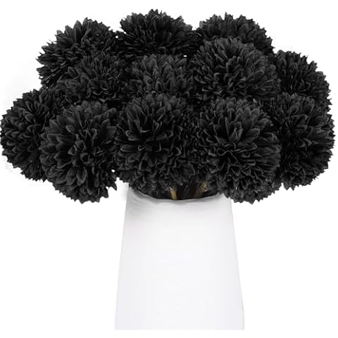 Rowfad 12 Pcs Black Artificial Chrysanthemums Flowers Silk Fake Mums Flowers for Halloween Ghothic Wedding Table Centerpiece Christmas Home Decor (12, Black) Cover