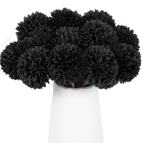 Rowfad 12 Pcs Black Artificial Chrysanthemums Flowers Silk Fake Mums Flowers for Halloween Ghothic Wedding Table Centerpiece Christmas Home Decor (12, Black)