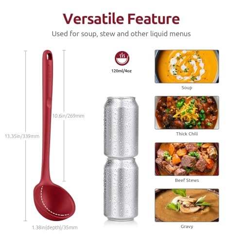 Image of 13 inch Silicone Soup Ladle: U-Taste 600ºF Heat Resistant 4 oz Large Non-stick Seamless Rubber Kitchen Deep Serving Spoon with Non Slip Solid Long Handle for Cooking Sauce /Stews /Gravies /Chili (Red)