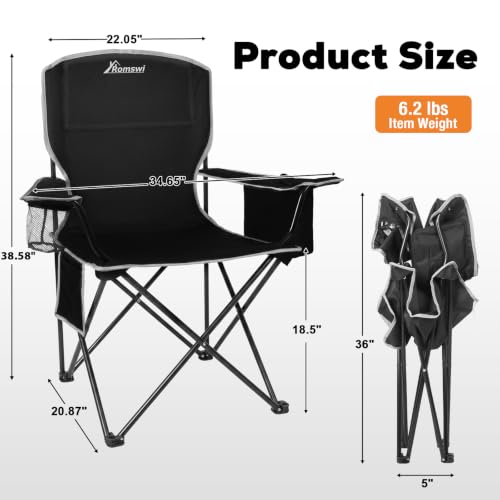 Image of Lightweight 2Pcs Camping Chairs for Adults, Folding Lawn Chair with 4-Can Cooler Bag, Cup Holder,Collapsible Portable Outdoor Chair for Tailgating, Beach, Fishing,Black
