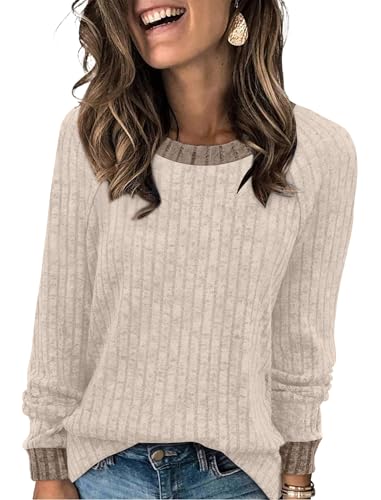 WIHOLL Long Sleeve Shirts for Women Tunic Tops for Women Loose Fit Dressy Casual Fall Clothes 2025 2026 Trendy Sweaters Soft Comfy Basic Layering Cream L