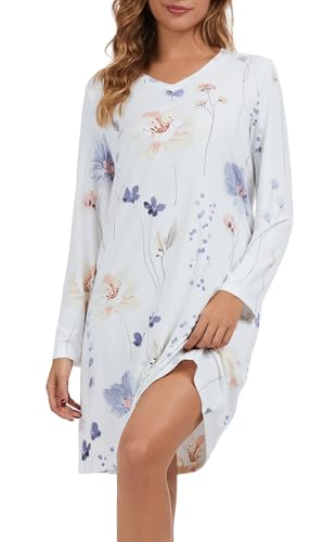 Image of Kabento 2 Pack Long Sleeve Nightgowns for Women Soft Cotton Night Gowns Sleepwear V Neck Nightshirts