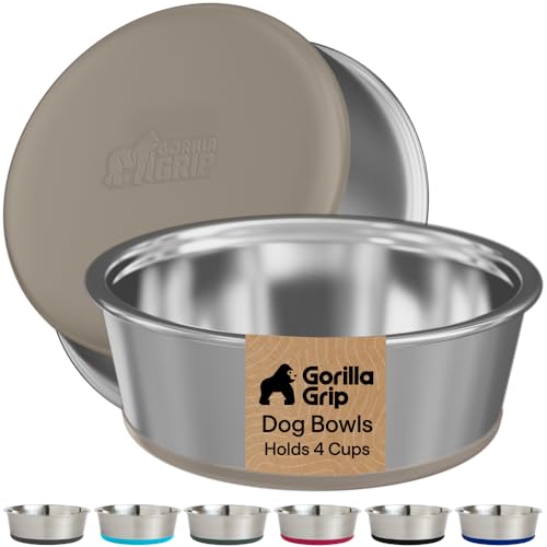Image of GORILLA GRIP Dog Bowls, Food Grade 304 Stainless Steel, Holds 4 Cups Each (32 fl oz) Food and Water Bowl for Feeding Dogs and Cats, Dishwasher Safe, Rust Resistant, BPA Free Rubber Base Set of 2 Beige