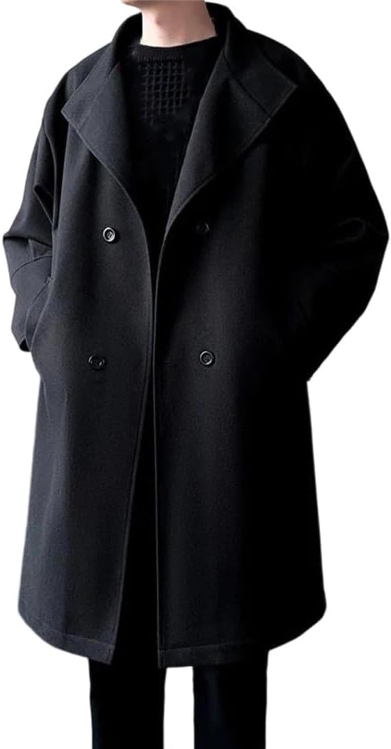 Men’S Autumn Winter Wool Lapel Coat – Loose Casual Double-Breasted Overcoat Fashion Long Sleeve Jacket