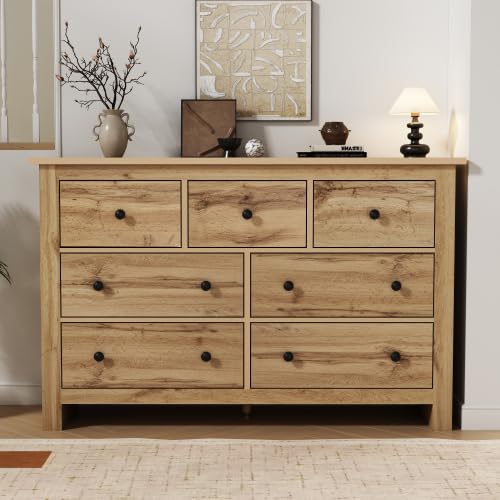 HAINEW Cómoda moderna con 7 cajones, armario de almacenamiento, armario buffet con tirador redondo, para cocina, comedor y salón (color madera)