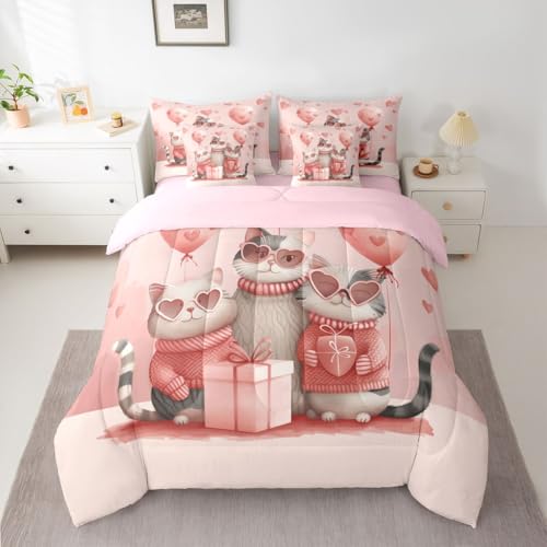 Image of Lovely Cats Comforter Set Full 7 Pcs Cute Cartoon Kitty Pink Heart Balloon Bedding Sets Valentine's Day Romantic Love All Season Comforter Flat Sheet Fitted Sheet 2 Pillowcases 2 Throw Pillow Covers