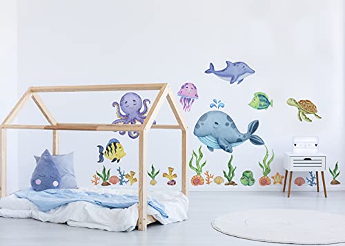 Murwall Kids Undersea Wall Decal Cute Whale with Sea Animals Wall Stickers Little Fish with Seaweed Wall Decals - Image 5