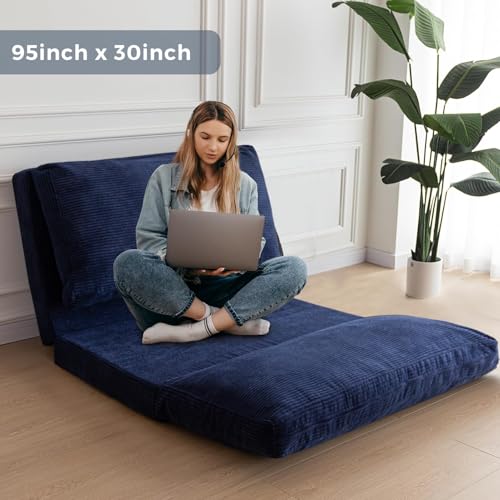 Image of MAXYOYO Folding Sofa Bed, Floor Sofa Convertible Chair with Washable Cover, Floor Couch Lounge Bean Bag Chair Bed for Living Room, Navy, 30x91 Inch