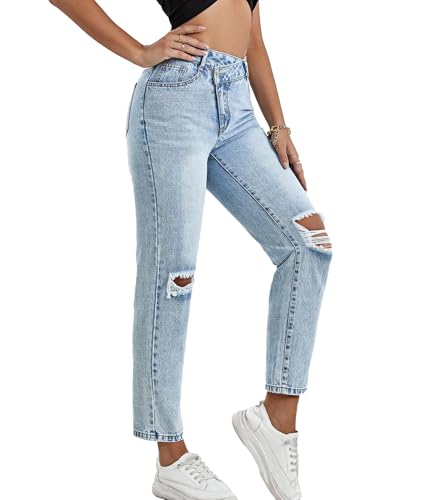 Women Casual High Rise Ripped Jeans Trendy Straight Leg Distressed Cropped Denim Pants Comfort Flex Jean Streetwear2
