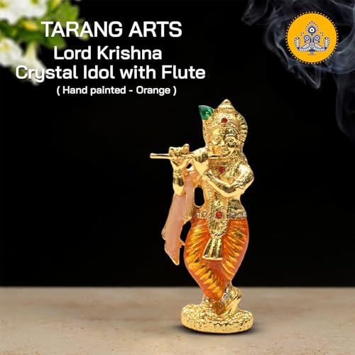Estatua pequeña de Krishna de bronce con cristal y flauta miniatura 2