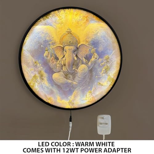 Image of PAINTINGMANTRA Shree Ganesh Ji Night Wall Lamp Painting with Premium Aluminium Metal Frame, Religious Round Wall Painting with Warm White Night Lamp for Home & Office Wall Decor 18x18 Inches
