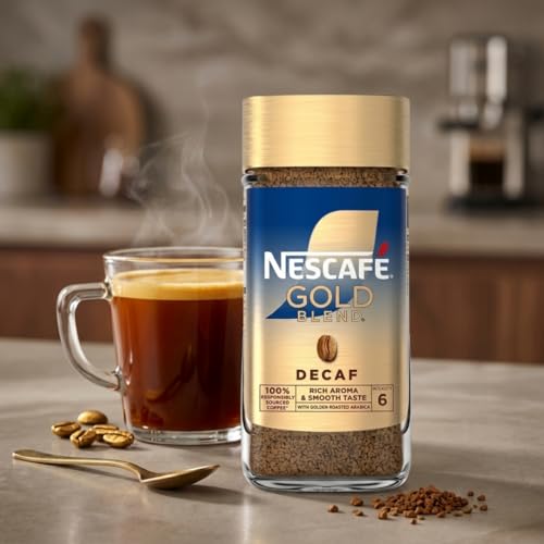 Image of NESCAFE GOLD BLEND Decaf Instant Coffee, Rich Aroma and Smooth Taste, 100% Responsibly Sourced Coffee, 95g Intensity 7 (From UK) DECADENT FOODS