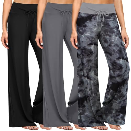 Image of ZOOSIXX Soft Black Pajama Pants for Women, Wide Leg Pants Woman Flowy Comfy Casual Lounge Yoga Capri Pants 22 inch / 30 inch