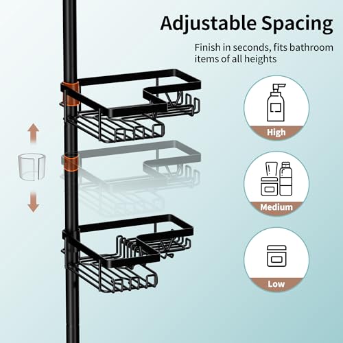 Image of KEGII Corner Shower Caddy Tension Pole with Toothbrush Holder | Adjustable Shower Organizer with Soap Holder and Hooks, No Drilling Rustproof Bathroom Shelf Storage Rack, Fits 25-114.2 Inch