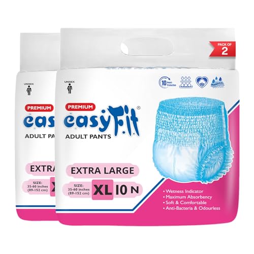 Image of Easyfit Adult Diaper Pants | 20 Count (Extra Large) | Waist 35-60 inch (88-152 cm) | Unisex | Leak Proof | Wetness Indicator | Overnight Protection | Elastic Waist (Pack of 2)