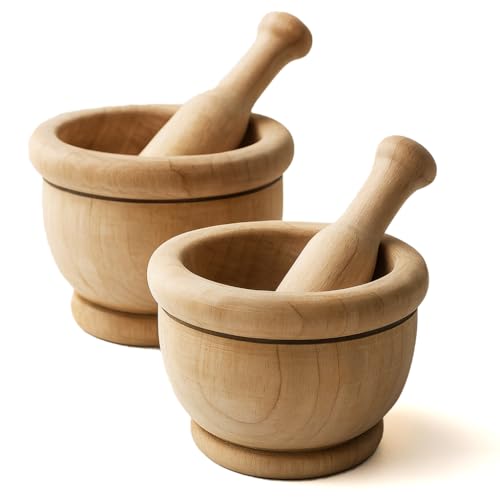 MGE - 2 Juego de Mortero y Mazo - Mortero de Madera - Mortero de Cocina - Mortero de Cocina para Triturar Especias - Molinillo Manual de Ajo, Hierbas - Triturador de Especias - 8 cm - Set de 2