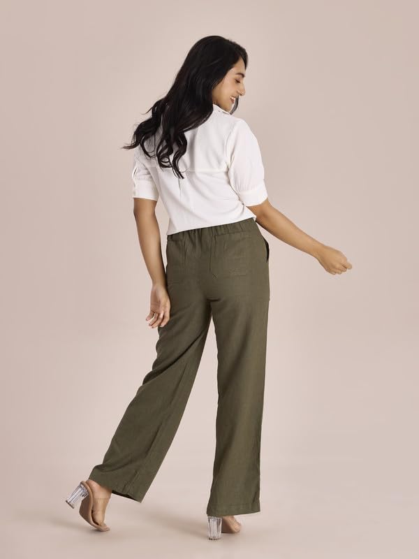 Image of GO COLORS Solid Linen Cargo Pants for Women | Full Length, Mid Rise, Side Pockets