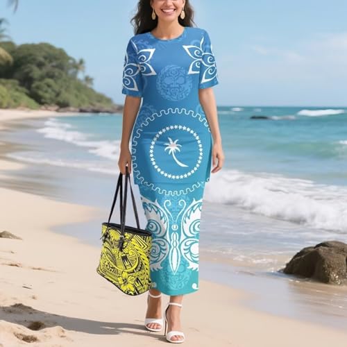 Image of Puletasi Samoan Traditional 2 Piece Outfits for Women Short Sleeve Crop Top and Maxi Skirt Sets Puletasi Dress