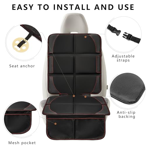 Image of Car Seat Protector 2 Pack Baby Car Seat Covers with Mesh Pockets & Non-Slip Backing 600D Durable Seat Protector Under Baby Car Seat (Black & Red, Large)