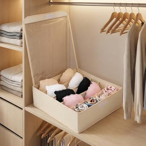 Image of House of Quirk 7 Slot Foldable Underwear and Bra Drawer Organizer, Closet, Dresser, Drawer, Organizer, Fabric Basket, Clothes, Bra, Underwear, Clothing, Divider (Beige)