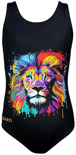 Aquarti Badeanzug Mädchen – Sportlicher Mädchen Badeanzug mit Ringerrücken Print, Farbe: Bunter Löwe/Schwarz, Größe: 170