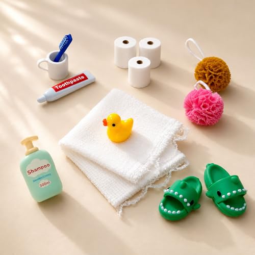 Ahysuet Wichtel Zubehör Weihnachte Puppenhaus Zubehör Bade-Set für Wichteltür Weihnachten Deko und Puppenhaus mit SlippersZahnbürste Klopapier Handtuch und Ente