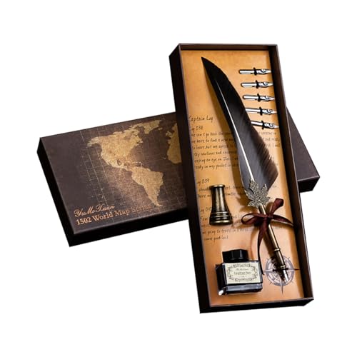 Pluma estilográfica antigua con plumín gris - Estuche de caligrafía con 6 plumines y soporte metálico - Elegante idea de regalo para Navidad, fiestas o cumpleaños