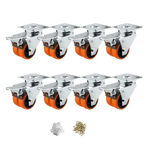Image of Caster Wheels, 2inch Casters Set of 8 Heavy Duty, Two-Wheeled Orange TPE Casters with Brake, Double-Wheeled Swivel Plate Locking Castor Wheels Widely Used in All Kinds of Furniture.(8 Pack)