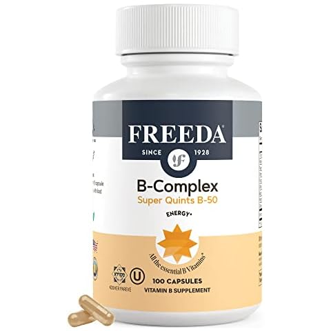 FREEDA Vitamin B Complex - Kosher Super B Complex Vitamin Supplement for Women & Men with Biotin, Vitamin B12, B1, B2, B3, B6, Folic Acid - Energy Metabolism Booster - Super Quints B-50, 100 Capsules Cover