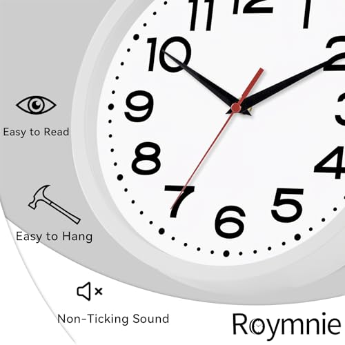 Image of Roymnie 8 Inch Small Wall Clock, Battery Operated Silent Non Ticking White | analog wall clock; bold numerals for easy reading; silent non-ticking; 1 AA battery (not included); for classroom