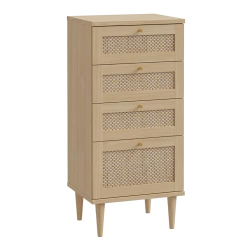 FORTE CALASETTA Kommode 50, Kommode im Boho Stil, Wiener Geflecht, Sideboard mit 4 Schubladen, Elegancia Eiche Holzdekor/Technorattan, 50 cm breit x 109 cm hoch x 41 cm tief FORTE CALASETTA Kommode 50, Kommode im Boho Stil, Wiener Geflecht, Sideboard mit 4 Schubladen, Elegancia Eiche Holzdekor/Technorattan, 50 cm breit x 109 cm hoch x 41 cm tief