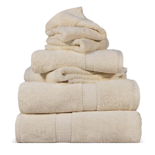 Superior Egyptian Cotton Pile 6 Piece Towel Set, Includes 2 Bath, 2 Hand, 2 Face Towels/Washcloths, Ultra Soft Luxury Towels, Thick Plush Essentials, Guest Bath, Spa, Hotel Bathroom, Cream