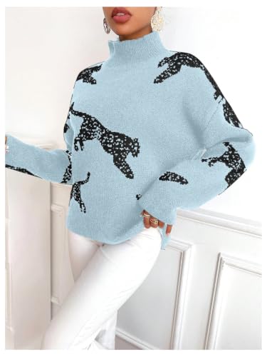 Image of WDIRARA Women's Leopard Tiger Print Sweater High Neck Long Sleeve Fuzzy Knitted Pullover Top