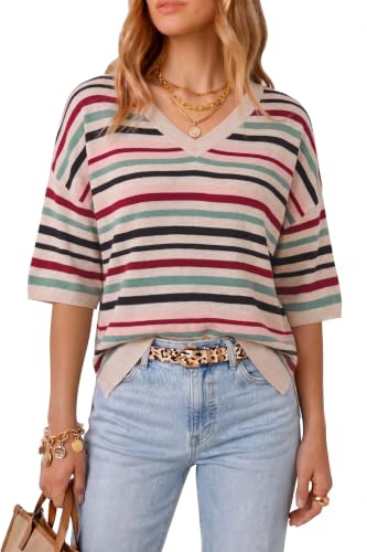 Image of Arach&Cloz Women's Wool Blend Elbow Sleeve Summer Oversized Casual Sweater | Versatile, Fall Layering Soft, Anti-pilling