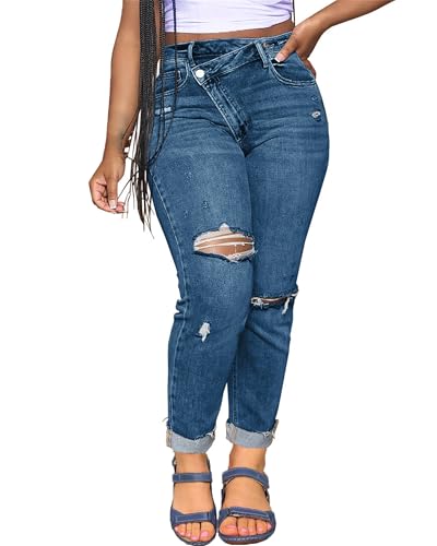 Women's Jeans High Waisted Ripped Stretchy Pants Classic Distressed Jeans Diagonal Zipper Jeans