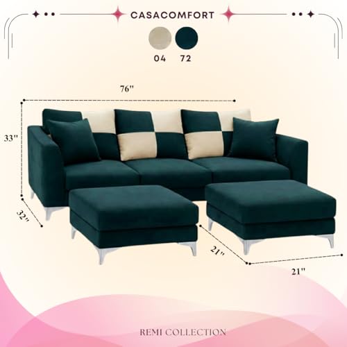 Image of Romiro 5 Seater L Shape Sofa Set with 2 Movable Ottomans | Flexible Layout | Rich Velvet Suede Fabric | Silver Legs | Modern Sofa for Living Room (Green Teal)