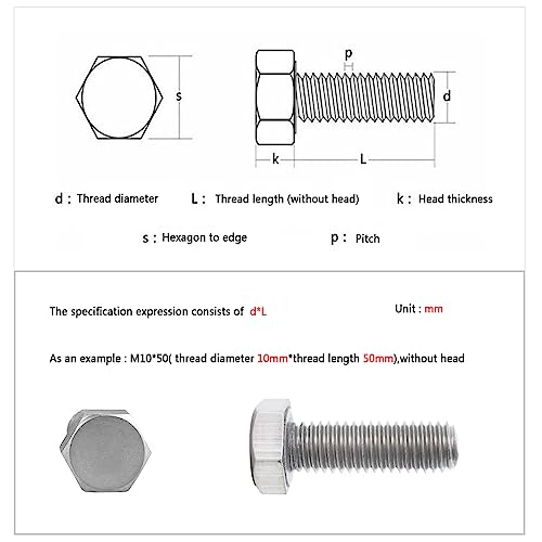 M10 Nuts And Bolts Set,Stainless Steel Hex Bolts Sets With Washers,Longer Machine Screws Assorted,Fully Threaded Bolts For Car,Bike,Furniture,Ship,Construction,Mechanical(50/60/70/80/100mm)(M10) - Image 2