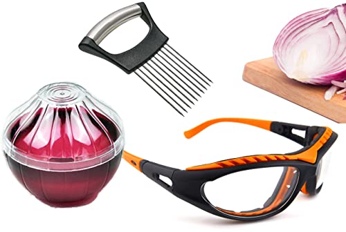 Onion Cutting Set - Onion Goggles to Prevent Tears - Onion Holder to Make Even Slices - Onion Keeper to Prevent Fridge Smell
