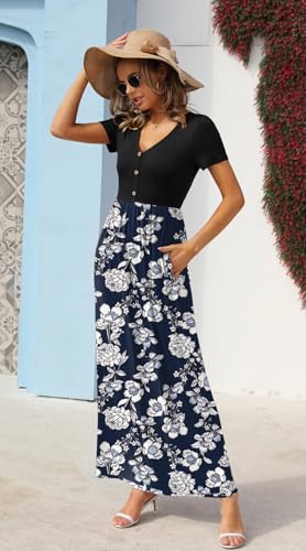 Image of GRECERELLE Womens Summer Long Maxi Dresses 2026 Short Sleeve V Neck Casual Button Dress with Pockets