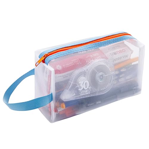 KELIFANG Transparent Mesh Pencil Case Large Capacity Zipper Pouch Bags for Pen Pencil Marker Organization Portable Makeup Organizer with Carry Handle Multifunctional Pencil Box Blue