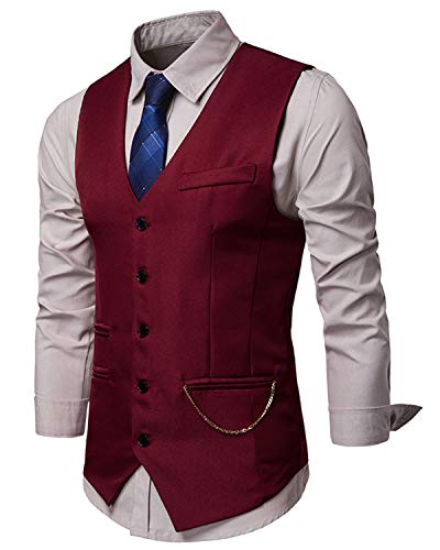 JOLIME Gilet Costume Hommes Vintage Mariage 5 Boutons Veste sans Manches Casual d'affaires Vin Rouge L