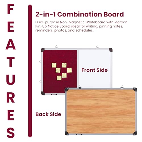Image of GOSHU Combination 60 cm x41 cm Non Magnetic White Board with Maroon Pin-up Notice Board Includes 1 Duster, 1 Marker and 50 Push up pins for Home, Office & School (Maroon, 60x41 cm, Pack of 4 Items)