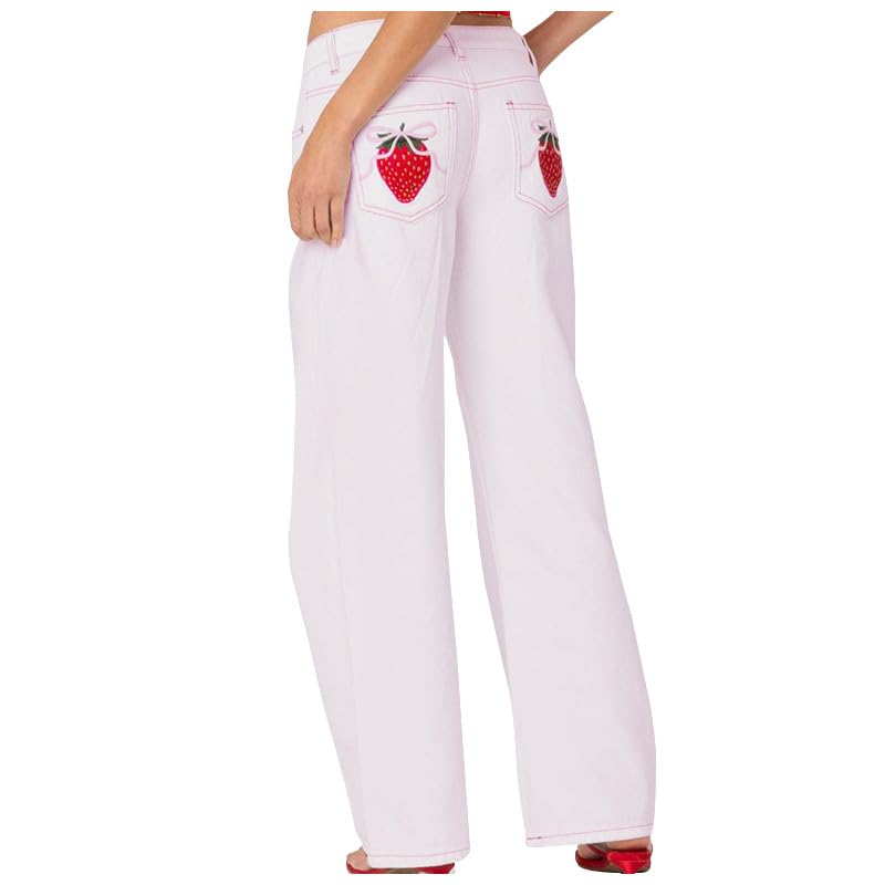 Women's Straight Leg Pink Jeans, Y2K Teen Girl High Waisted Printed Loose Denim Pants with Trendy Strawberries Pocket