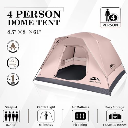 Happy Travel Camping Tent, 4 Person Dome Tents for Camping with Rainfly, Waterproof Clip Easy Setup Portable Family Tent with Mesh Windows, 20% More Headroom Backpacking Tents for Camping & Hiking - Image 2